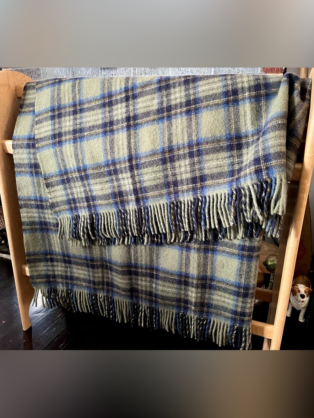 LL Bean Virgin Wool Plaid Throw Blanket Washable Green Blue Fringe 0YY11